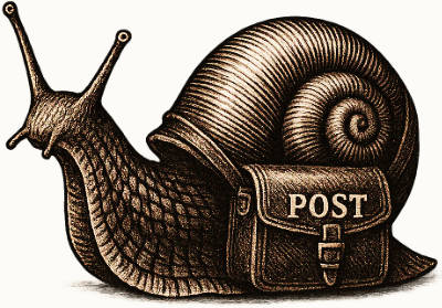 A snail carrying a mail satchel labeled POST