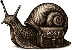 A snail carrying a mail satchel labeled POST